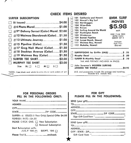 Surfer Magazine Subscriptions.  1966 Surfer Magazine Subscription Card from the LI Surfing Museum